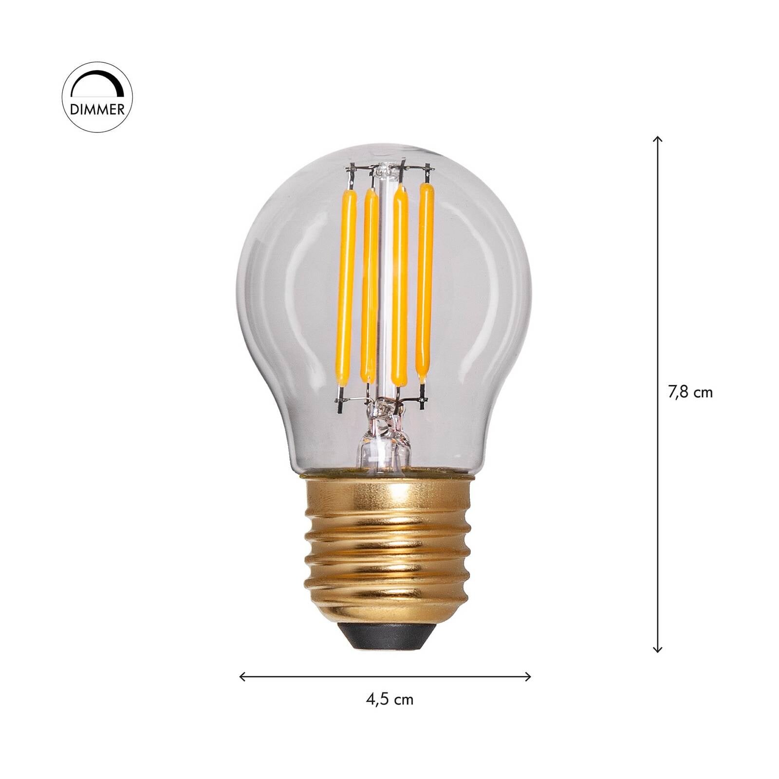 LED žiarovka Soft Glow E27 G45, 250 lm, 3 W, 2100 K, číra, stmievateľná.