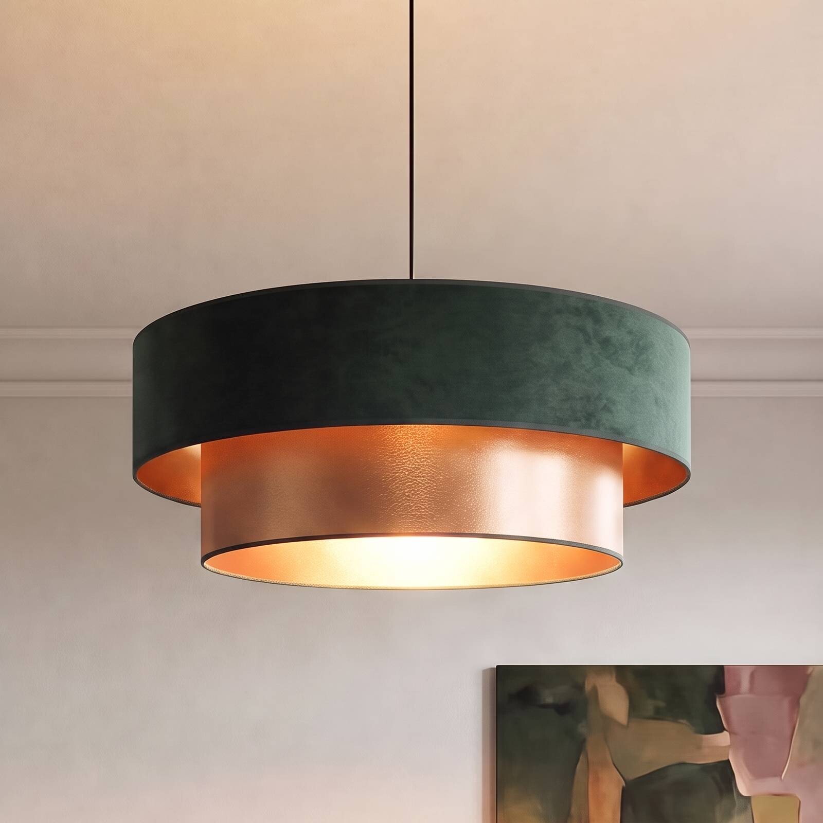 Závesné svietidlo Dorina, zelená/zlatá, Ø 60 cm, textil, E27