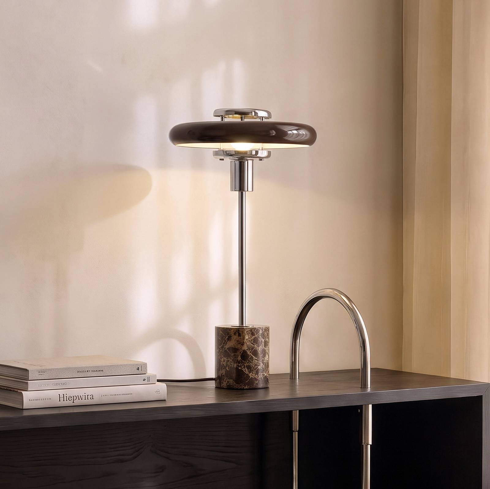 Stolová lampa Lindby Branford, retro, hnedá, sklo/mramor