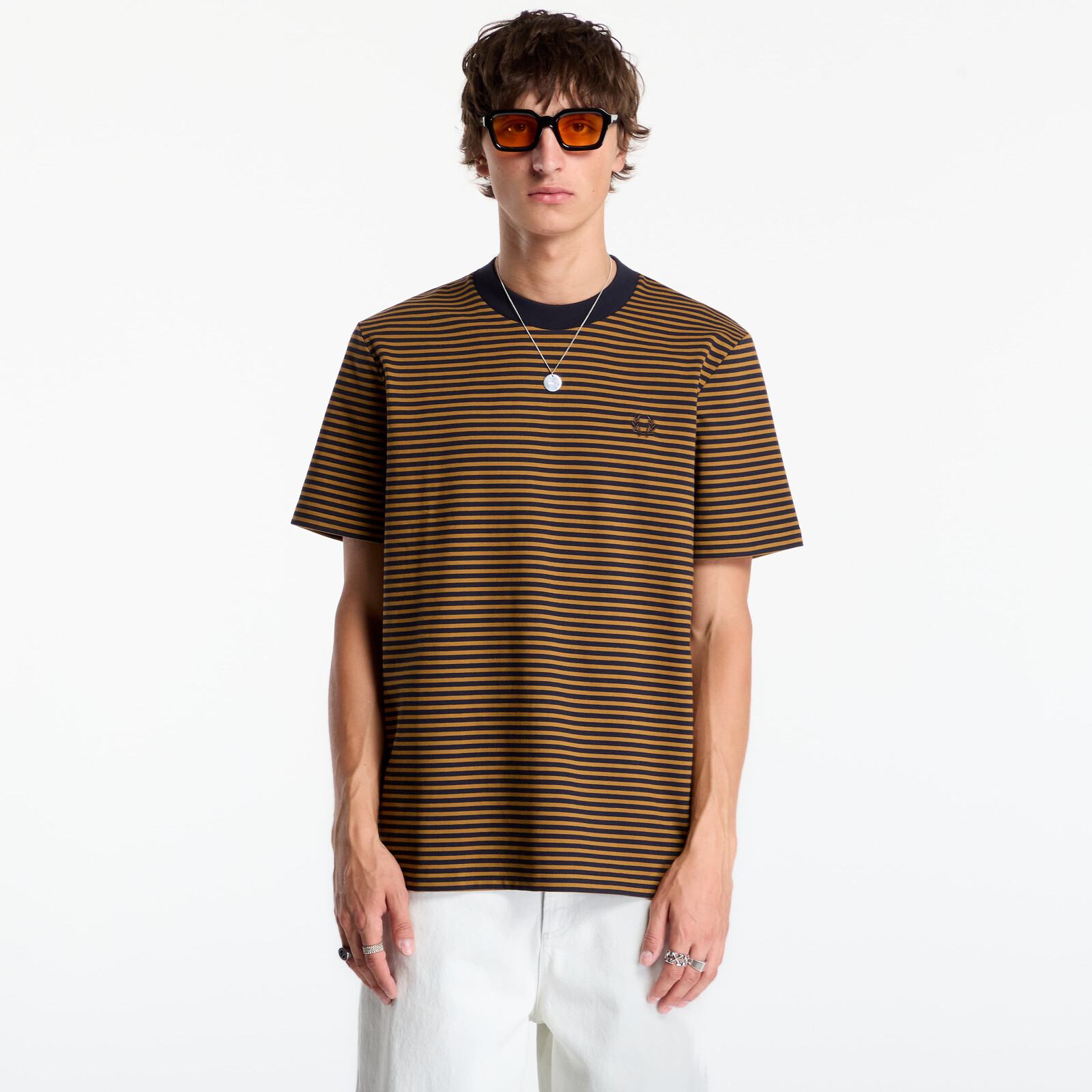Tričko FRED PERRY Fine Stripe Heavyweight Tshirt Dark Caramel M