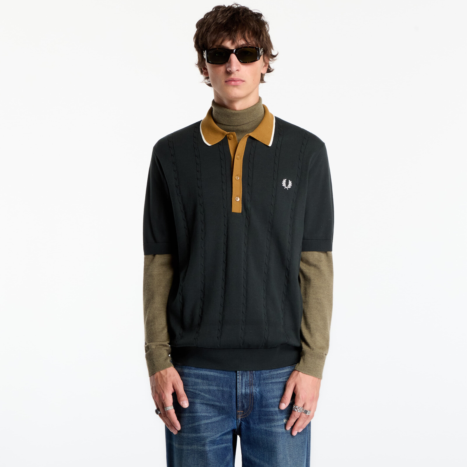Tričko FRED PERRY Cable Knit Shirt Night Green XL