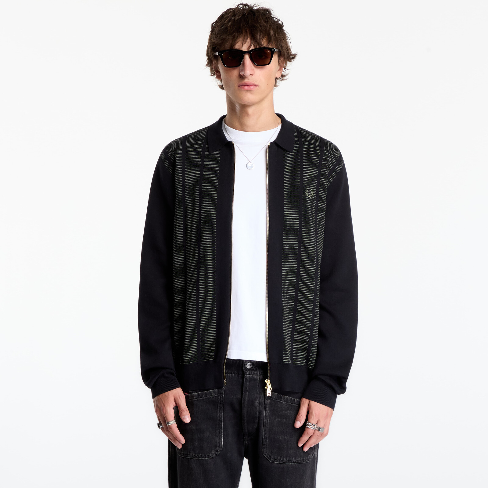 Svetr FRED PERRY Textured Panel Zip Cardigan Black M