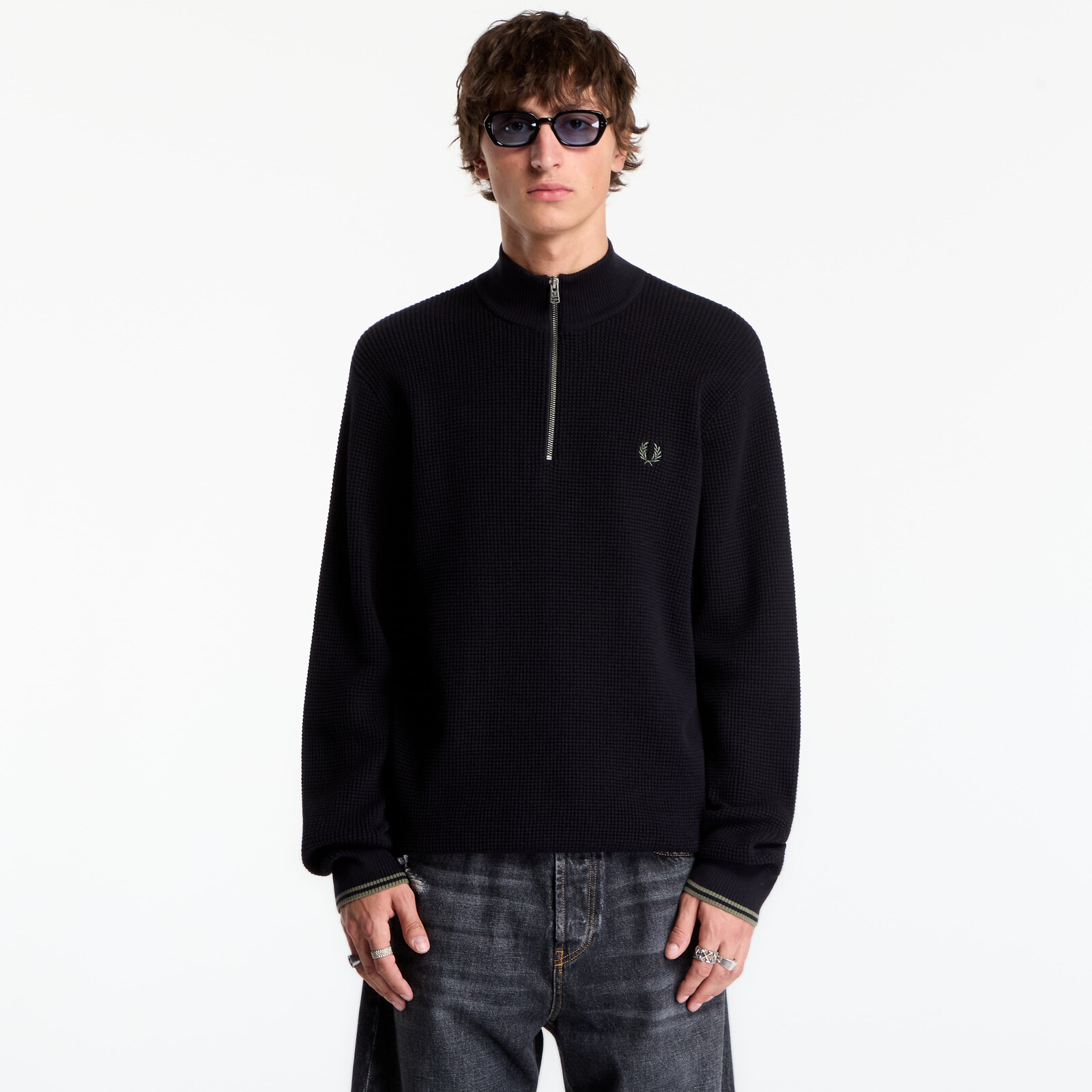 Sveter FRED PERRY Waffle Stitch Half Zip Jumper Black M