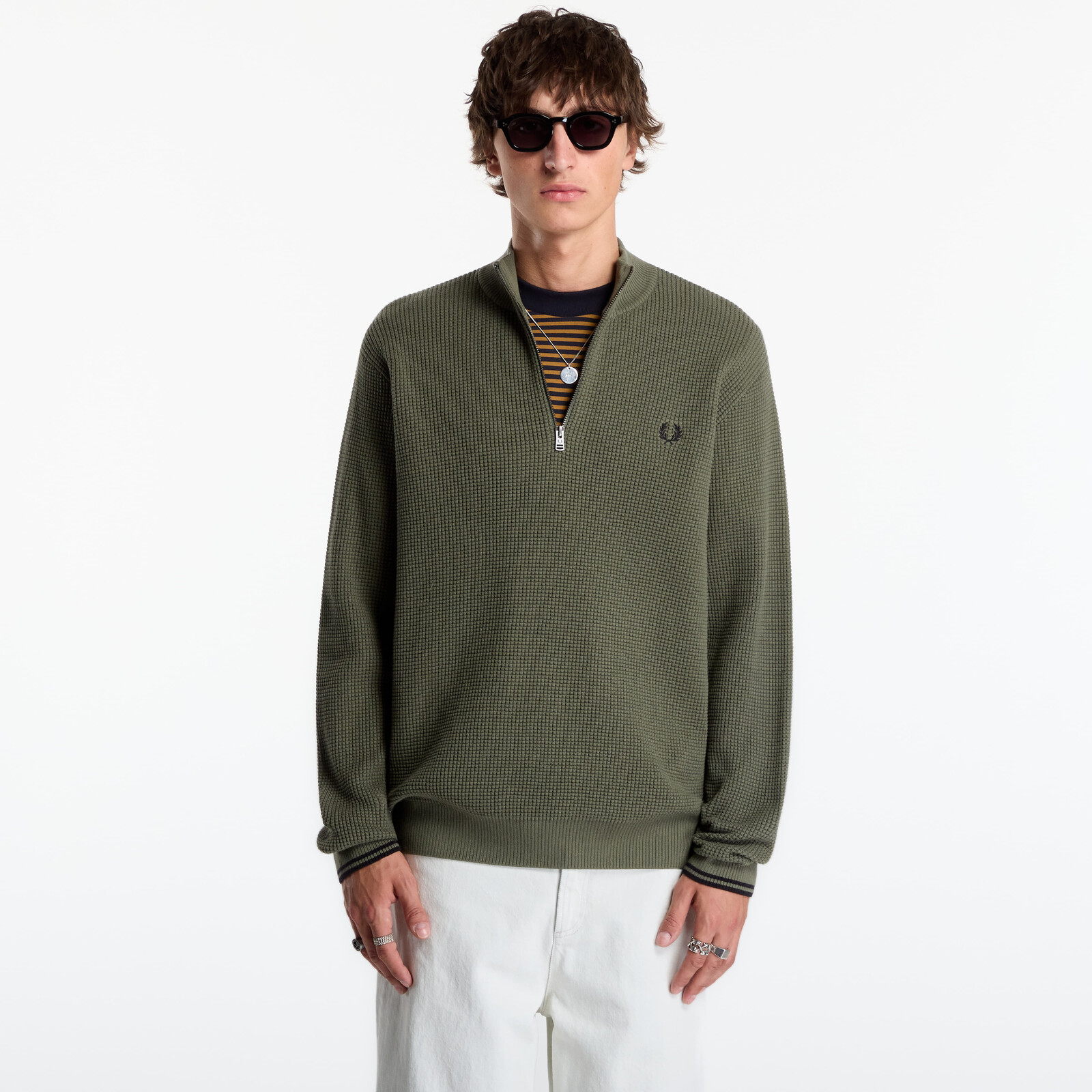 Sveter FRED PERRY Waffle Stitch Half Zip Jumper Lrl Wrth Green L