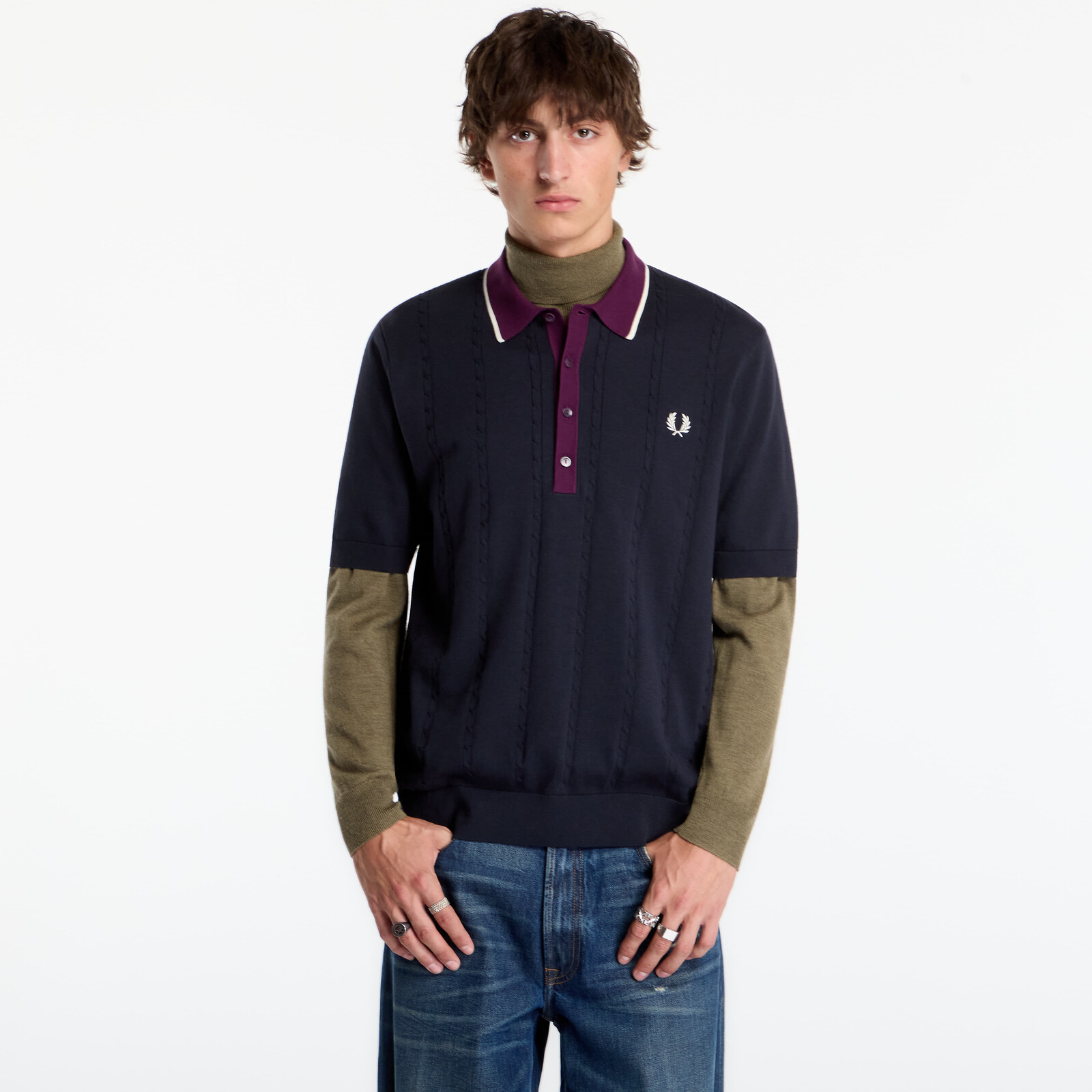 Tričko FRED PERRY Cable Knit Shirt Navy M