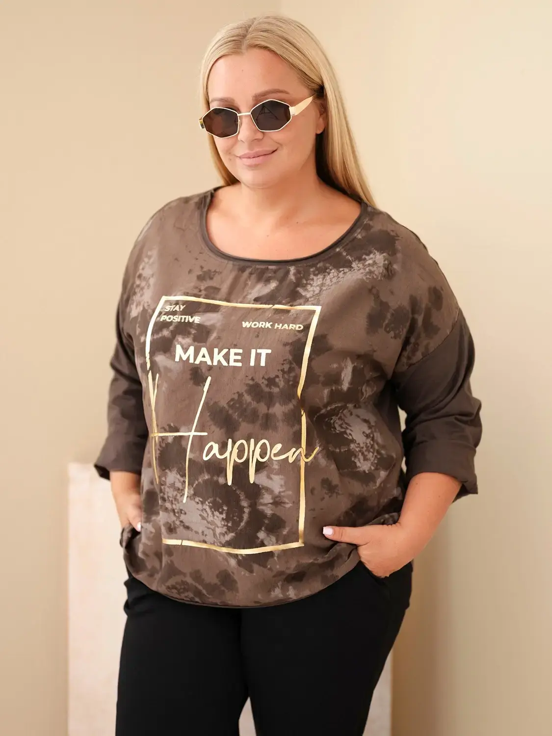 Plus Size dámska bavlnená blúzka s potlačou a U výstrihom