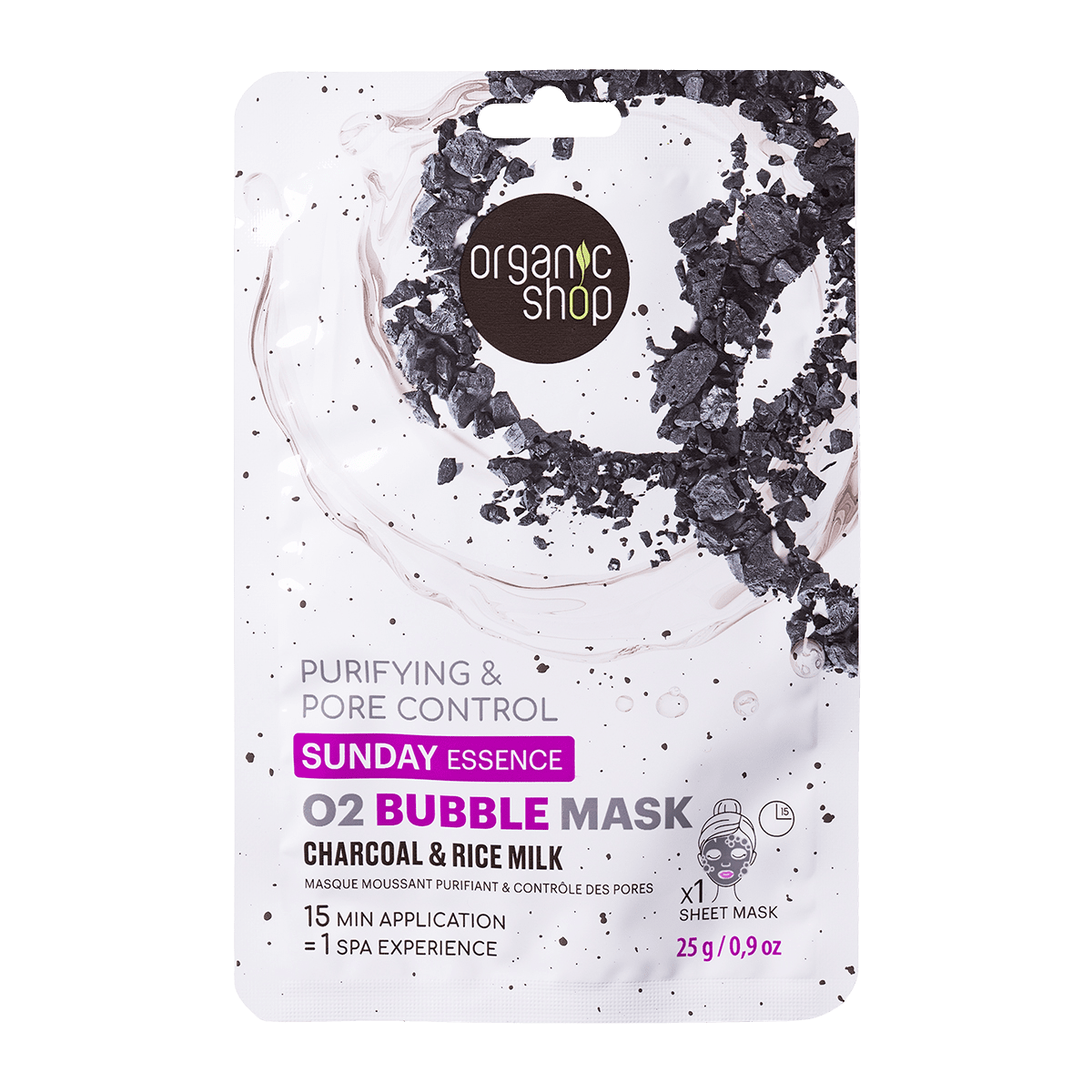 ORGANIC SHOP Plátenná maska Sunday Essence O2 Bubble s čiernym uhlím a ryžovým mliekom 25 g