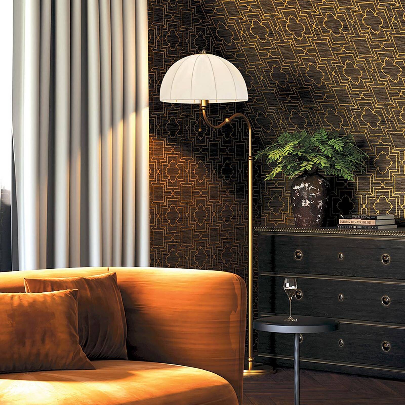 Stojacia lampa Crosby, béžová/zlatá, výška 173 cm, textil/kov