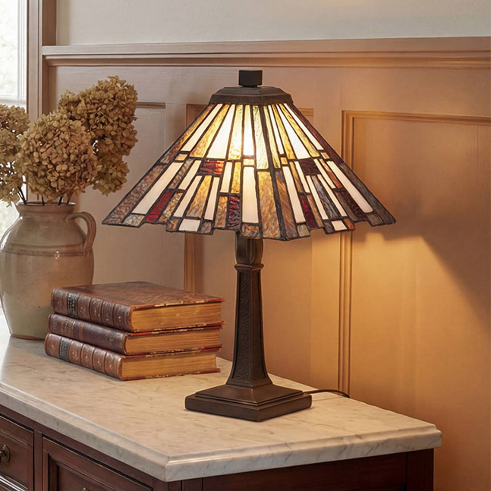 Stolová lampa Inglenook, bronzová/farebná, výška 37 cm, kov/sklo