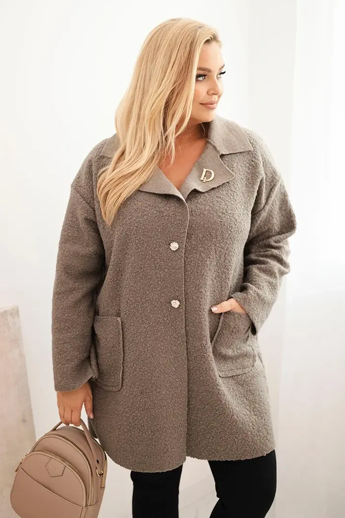 Kesi Włoski Dámsky kabát Plus Size baranček s vlnou a vreckami fango