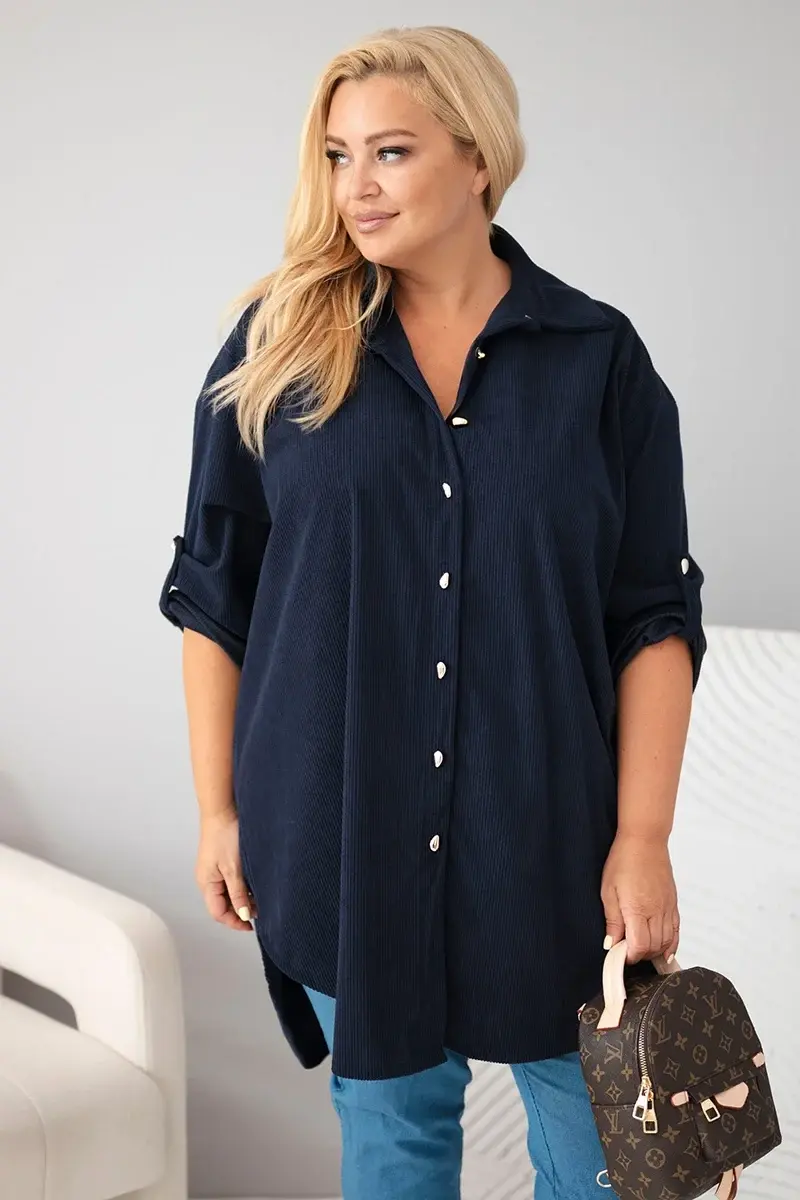 Plus Size menčestrová košeľa s rolovacími rukávmi