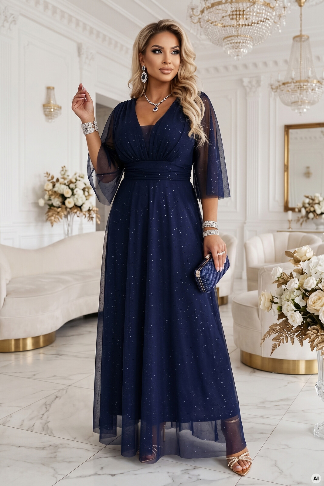 Dlhá plus size šaty s trblietavým tylom - tmavomodrá