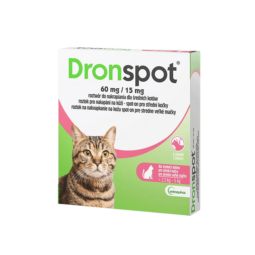 DRONSPOT 60 mg/15 mg roztok spot-on pre stredné mačky 0,70 ml 2 pipety