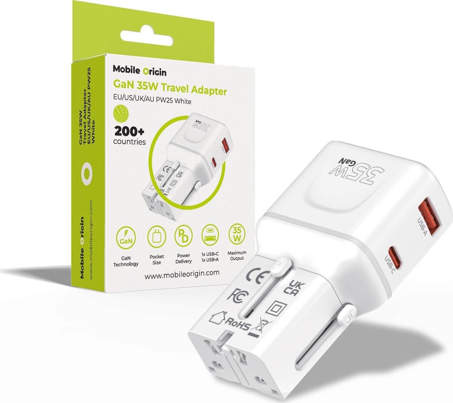 Mobile Origin GaN 35 W Travel Adapter, EU/US/UK/AU PW25 White