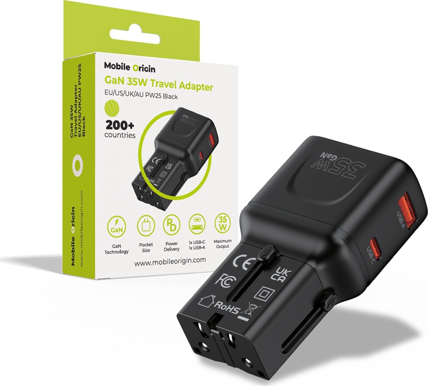 Mobile Origin GaN 35 W Travel Adapter, EU/US/UK/AU PW25 Black