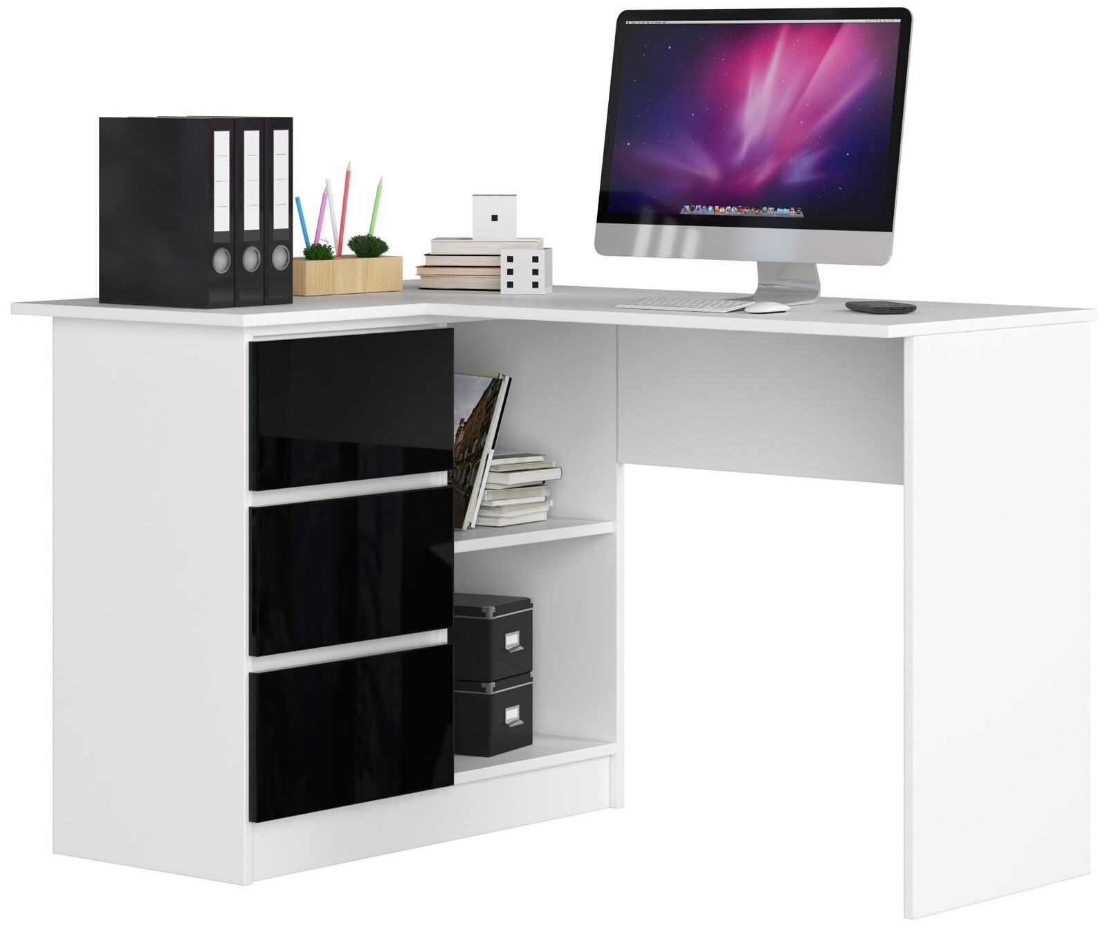 Rohový písací stôl B16 124 cm biely/čierny lesk ľavý