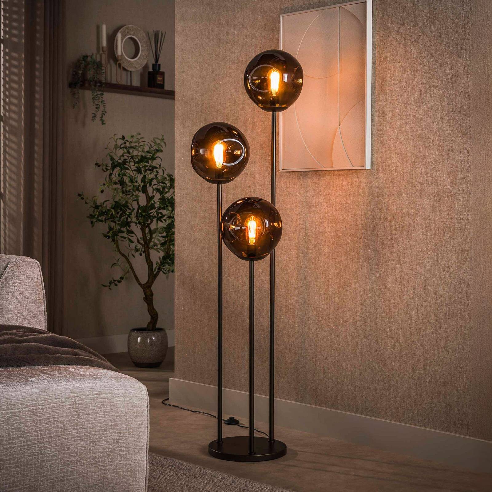 Stojacia lampa Stellar, 3-pl., hnedá, sklo, kov, E27