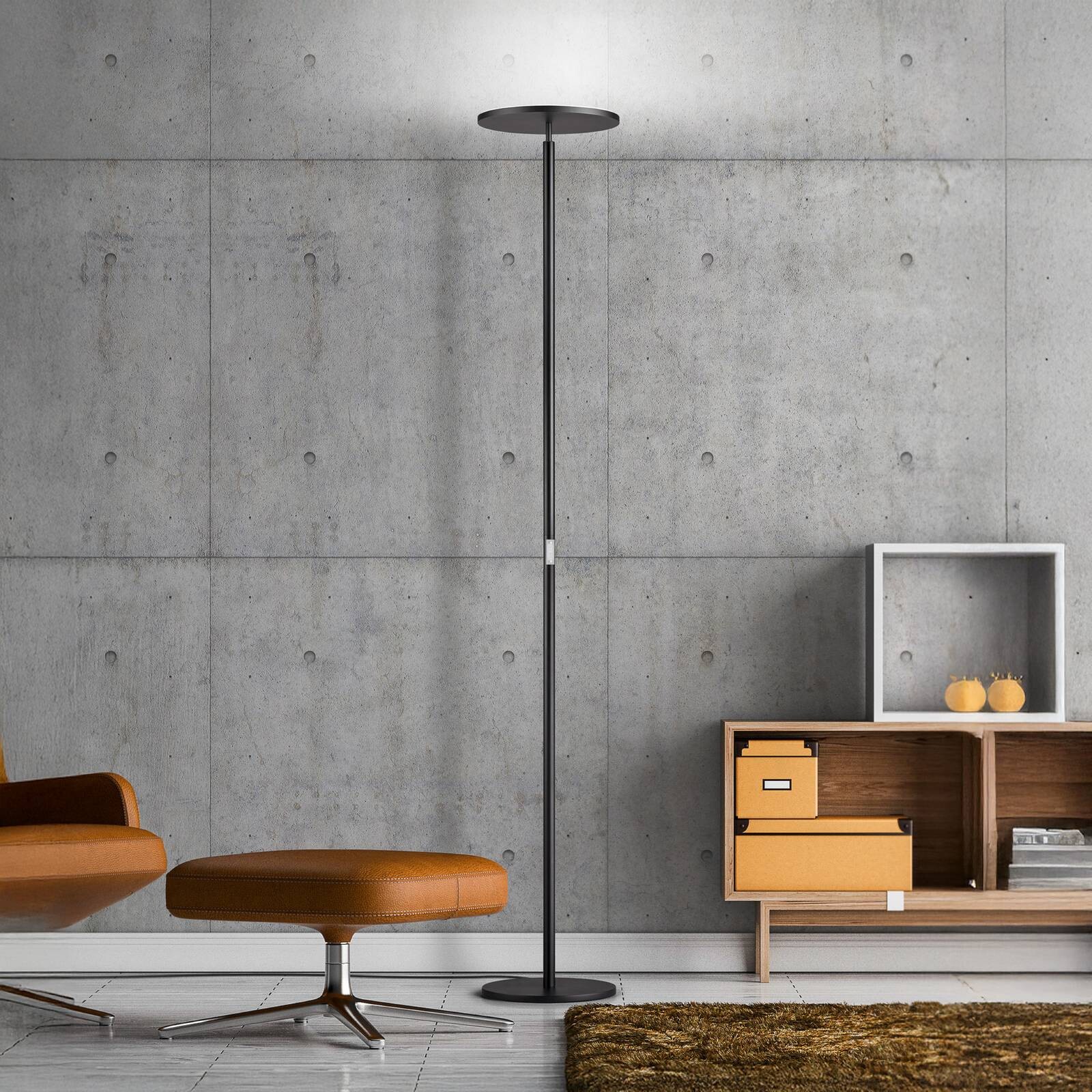 LED stojacia lampa Aura, ovládanie gestami, niklová farba, výška 184 cm