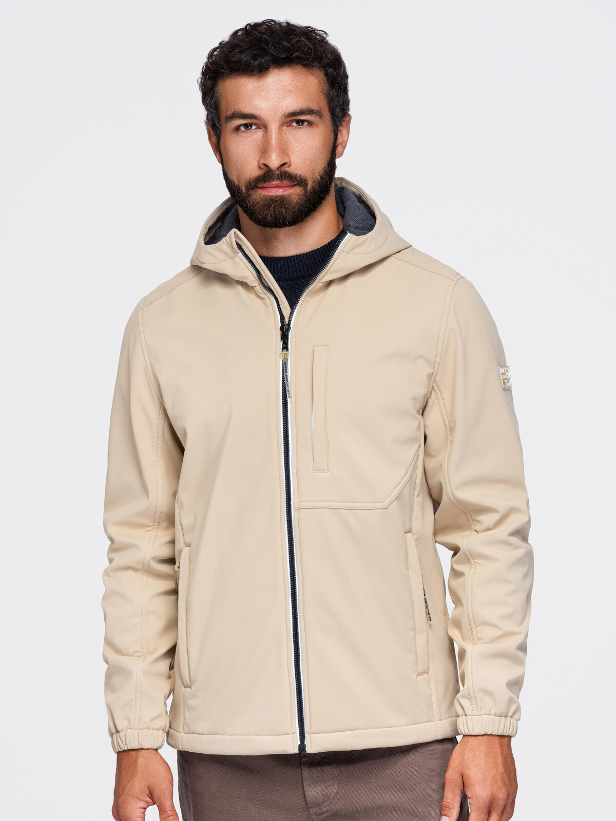 Ombre Men’s SOFTSHELL jacket with fleece lining and hood – sand
