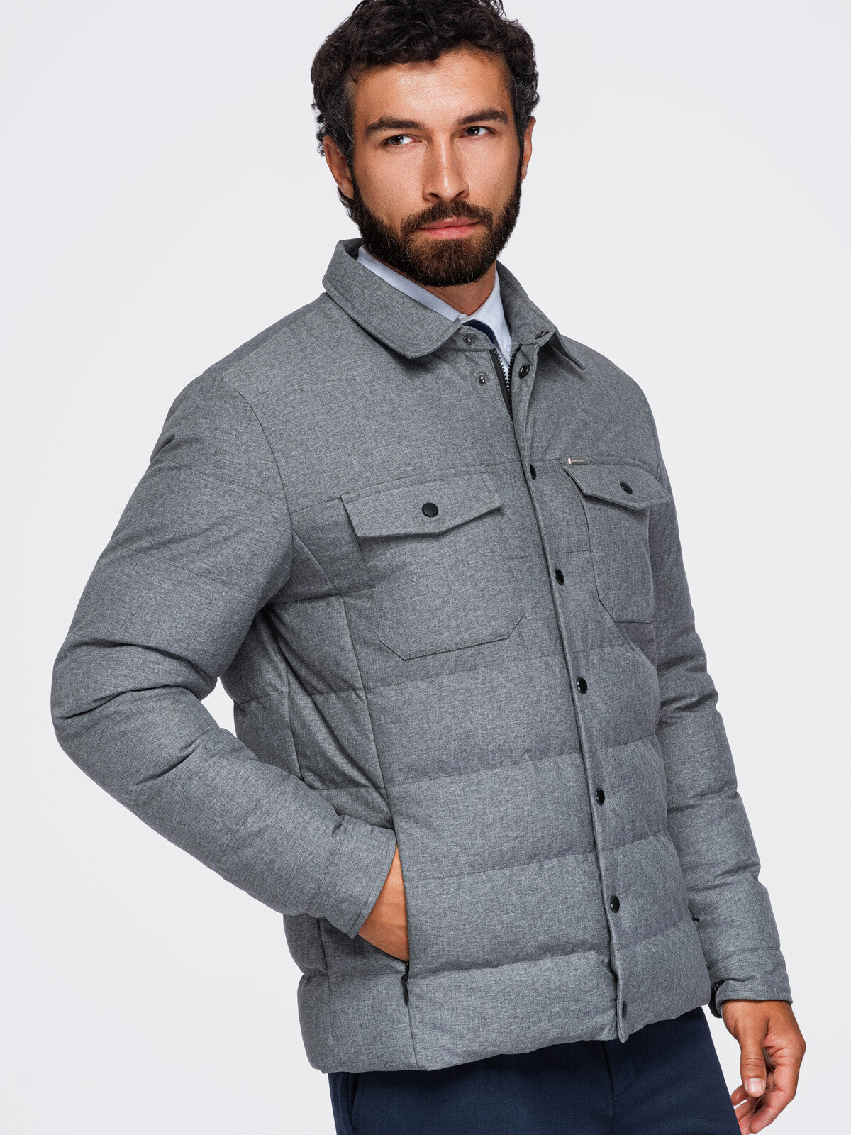 Ombre Men’s quilted shirt jacket with pockets – grey melange