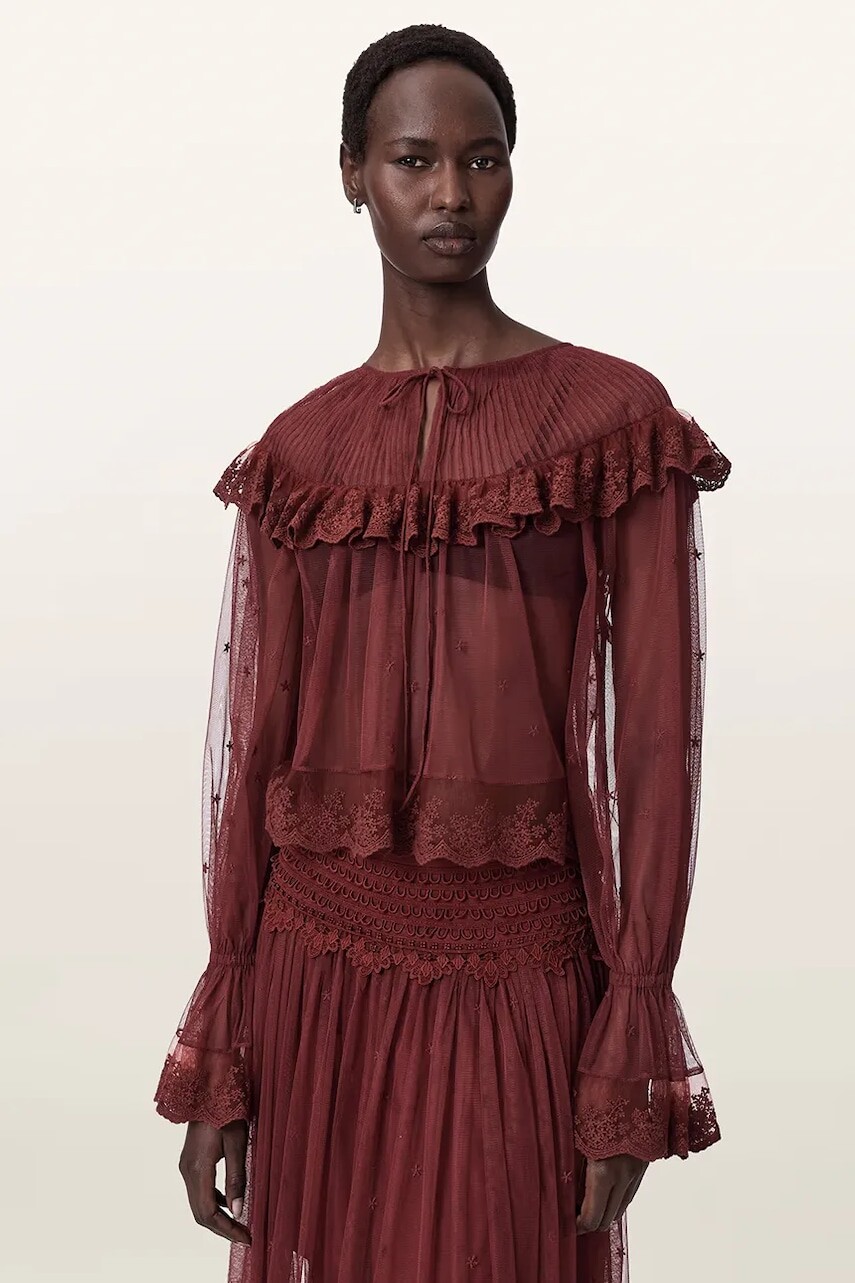 AllSaints blúzka s volánom dámska čipkovaná UNRULY SUSIE LS TEE