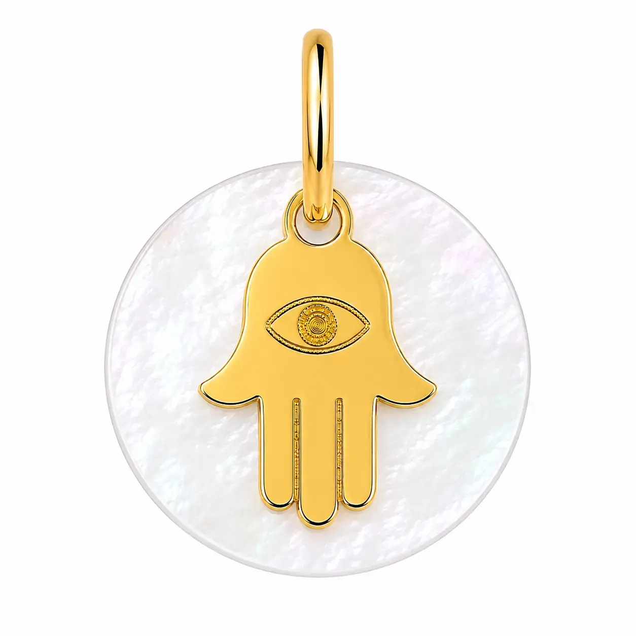 Okrúhly prívesok z bielej perlete, žlté 14K zlato, ochranný symbol Hamsa