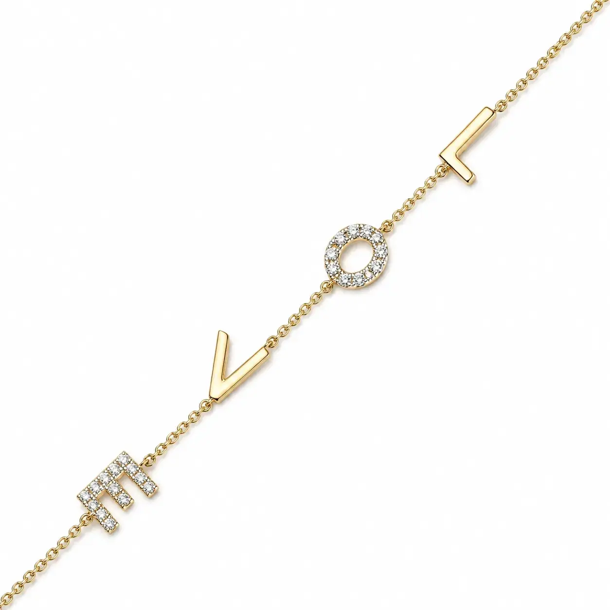 Zlatý 14K náramok kombinované zlato s nápisom LOVE a briliantmi