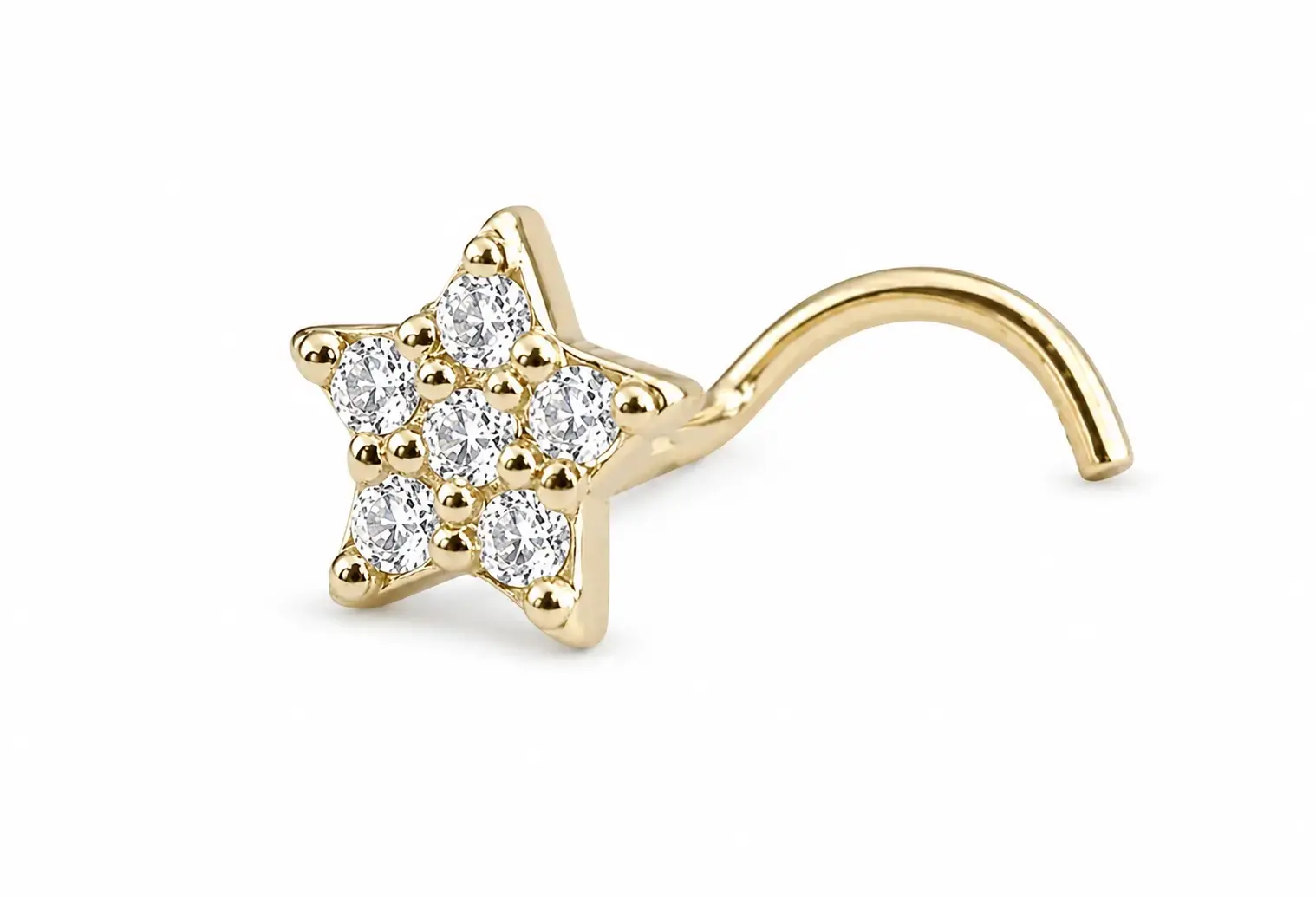 Zahnutý piercing do nosa zo žltého 14K zlata s hviezdičkou a zirkónmi