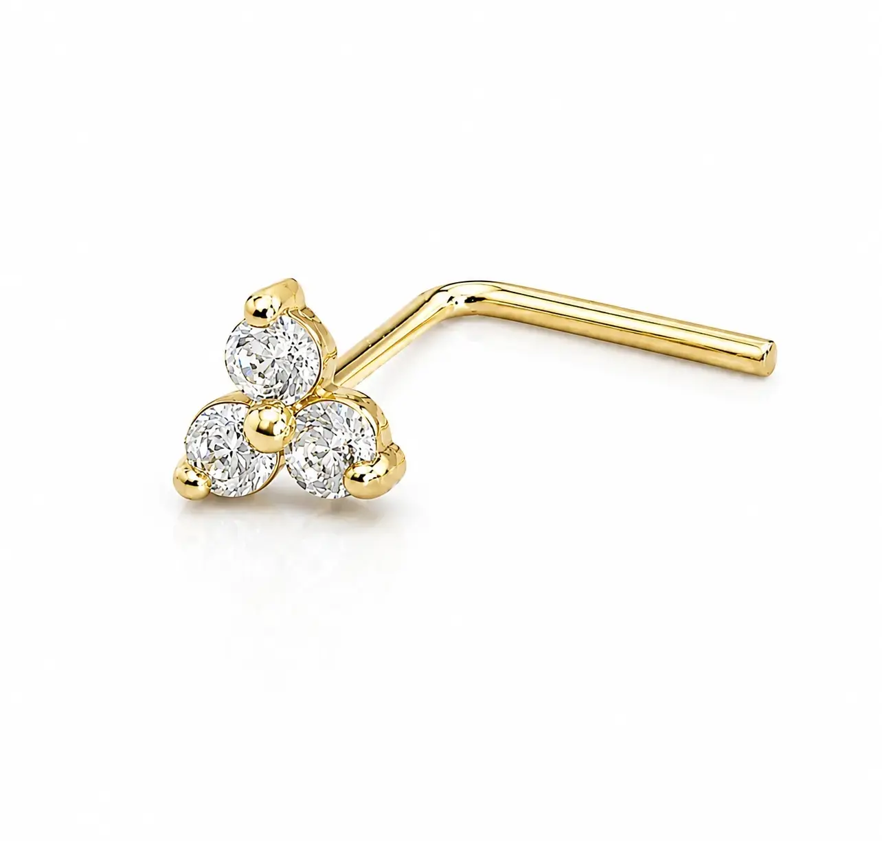 Zahnutý piercing do nosa zo žltého 14K zlata s tromi zirkónmi