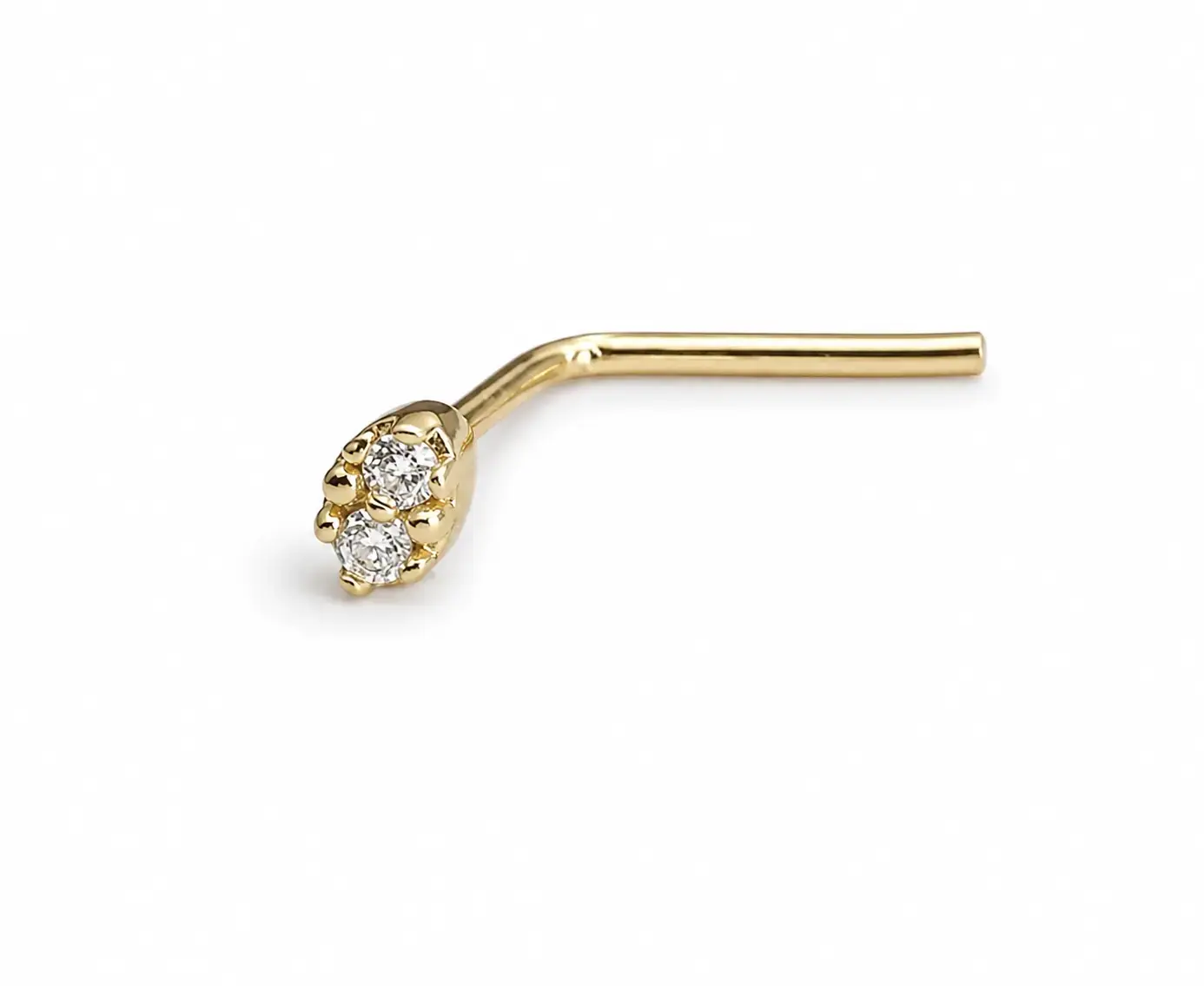 Zahnutý piercing do nosa zo žltého 9K zlata so zirkónmi