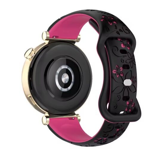 eses Silikónový remienok s kvetinovým vzorom - Čierny so sýto ružovou, 22 mm