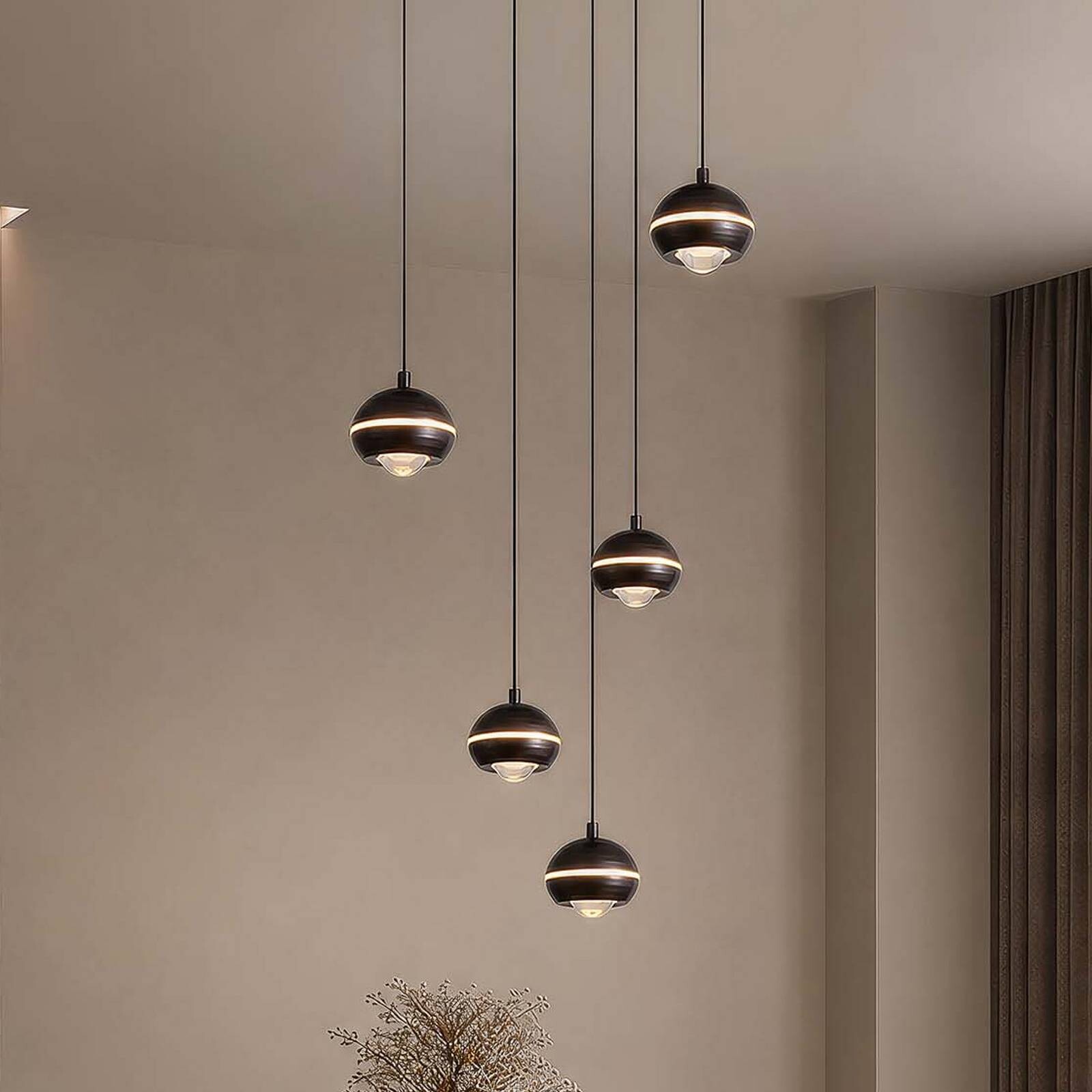 LED závesné svietidlo Meteor, 5-pl., okrúhla, CCT, niklovo-čierna, kovová
