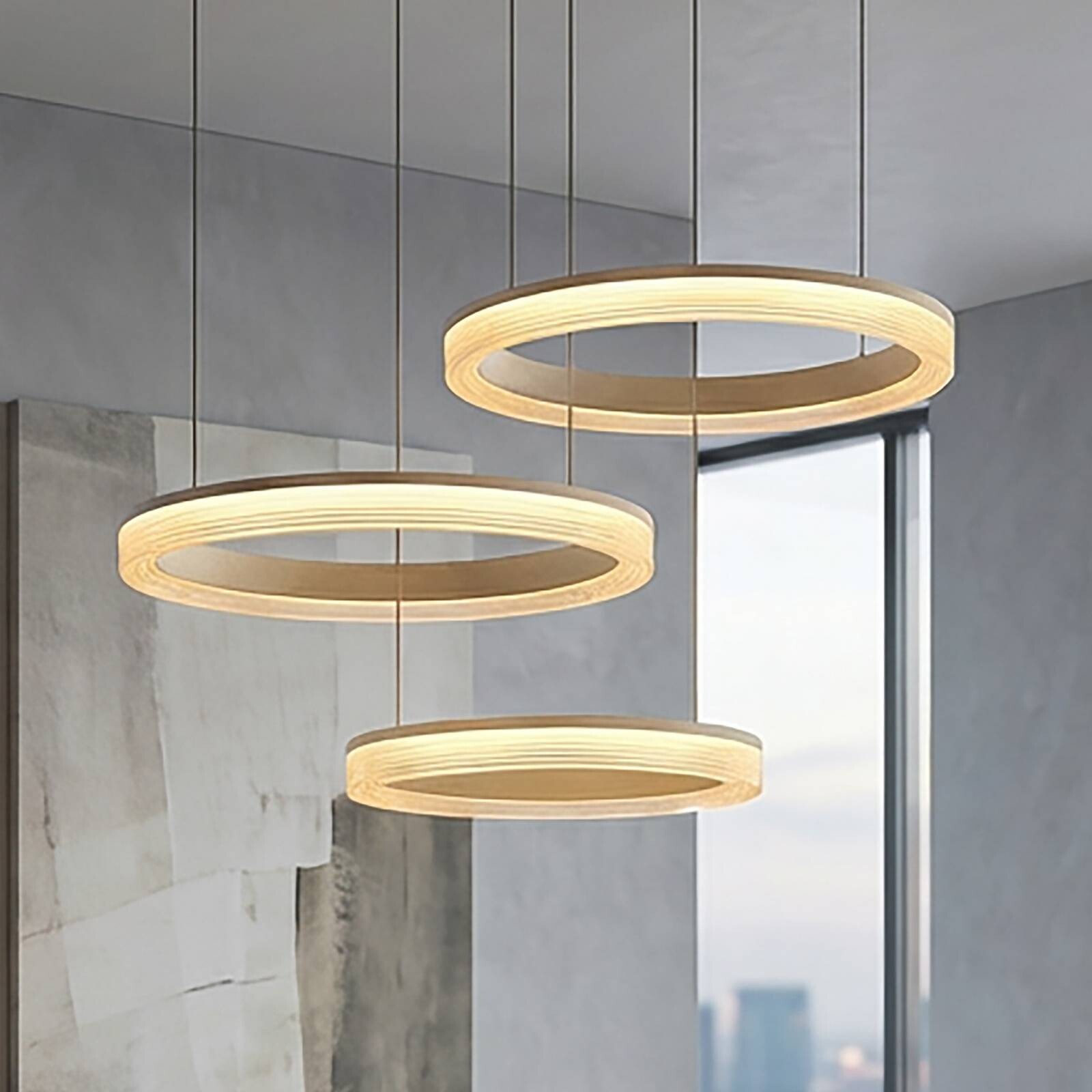 LED závesné svietidlo Lumen Rings 3-pl., piesková farba, CCT, železo,