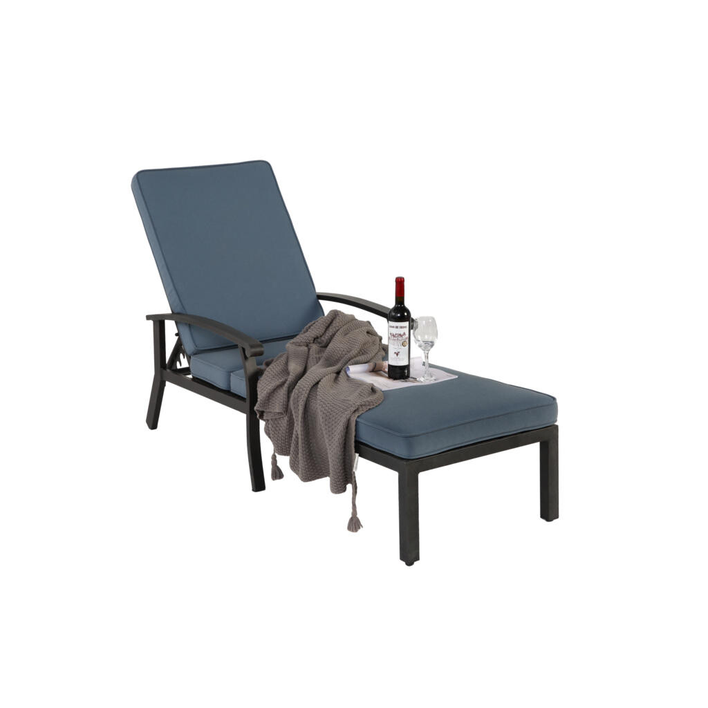 OKWISH ZÁHRADNÉ ležadlo 204/58/100 cm modré z hliníka s 5-polohovým operadlom a bavlneným vankúšom