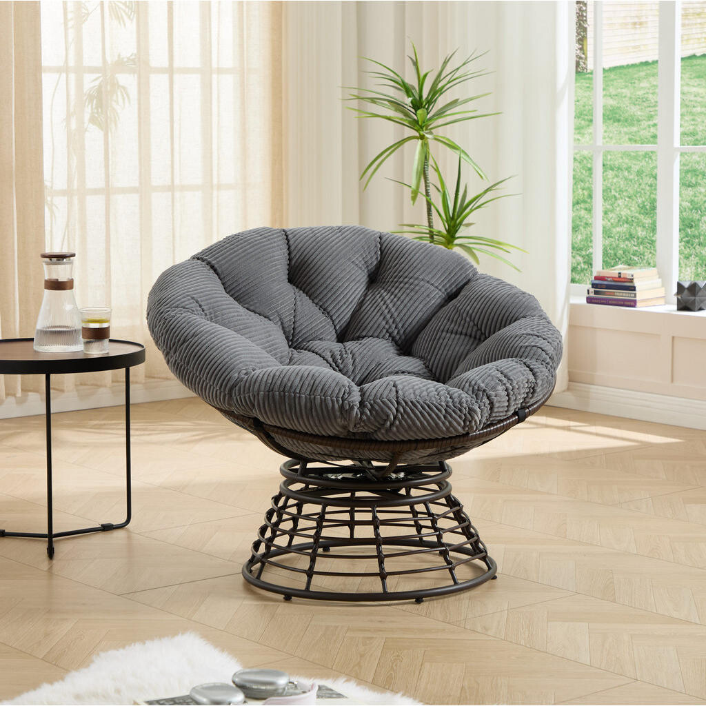 OKWISH OTOČNÉ kreslo 92/92/67 cm sivé s 360° otáčaním a hrubým vankúšom z ocele a PE ratanu