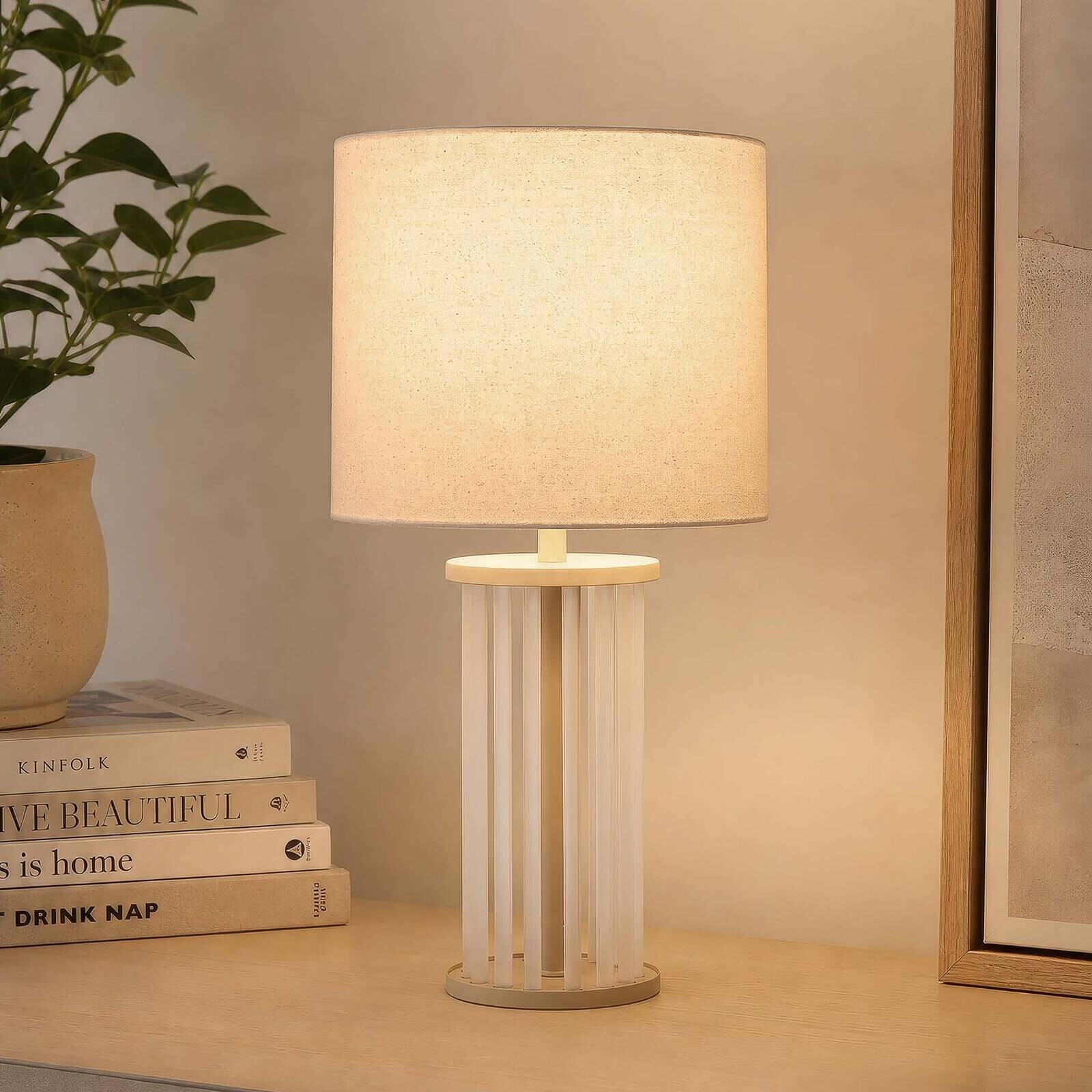 Stolová lampa Swizzle, béžová, sklo, textil, výška 42 cm, E27