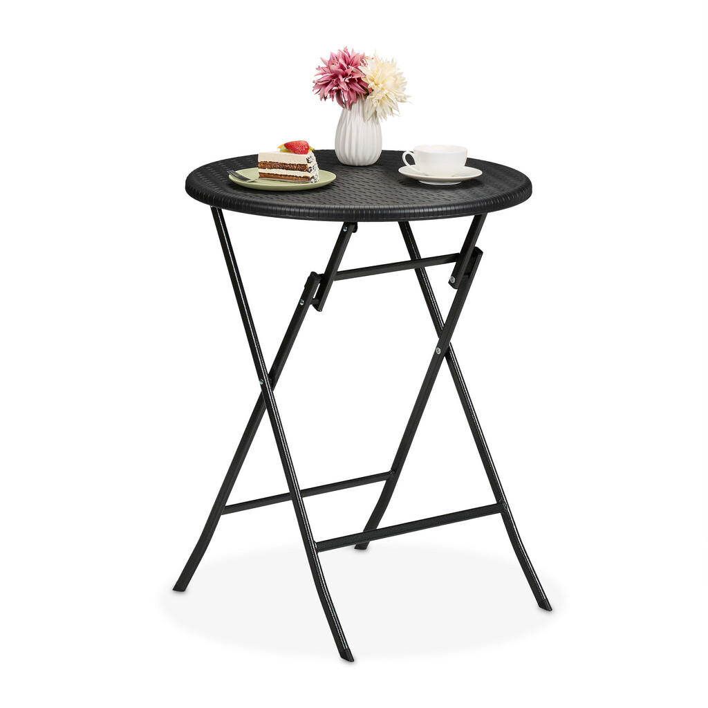 Relaxdays ZÁHRADNÝ STÔL Čierny skladací ratanový vzhľad okrúhly 60 cm