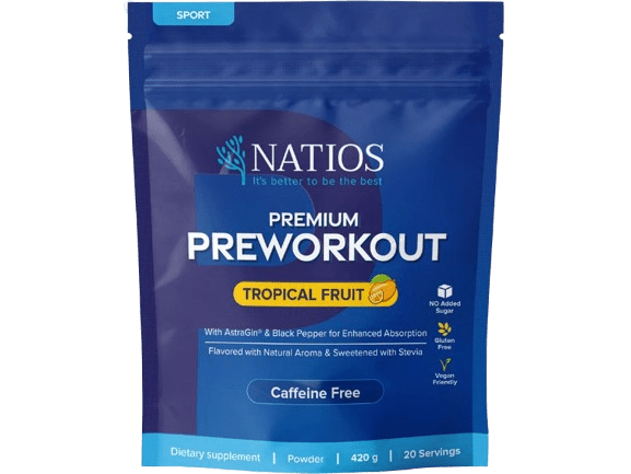 NATIOS Premium Preworkout bez kofeínu, Tropické ovocie 420 g