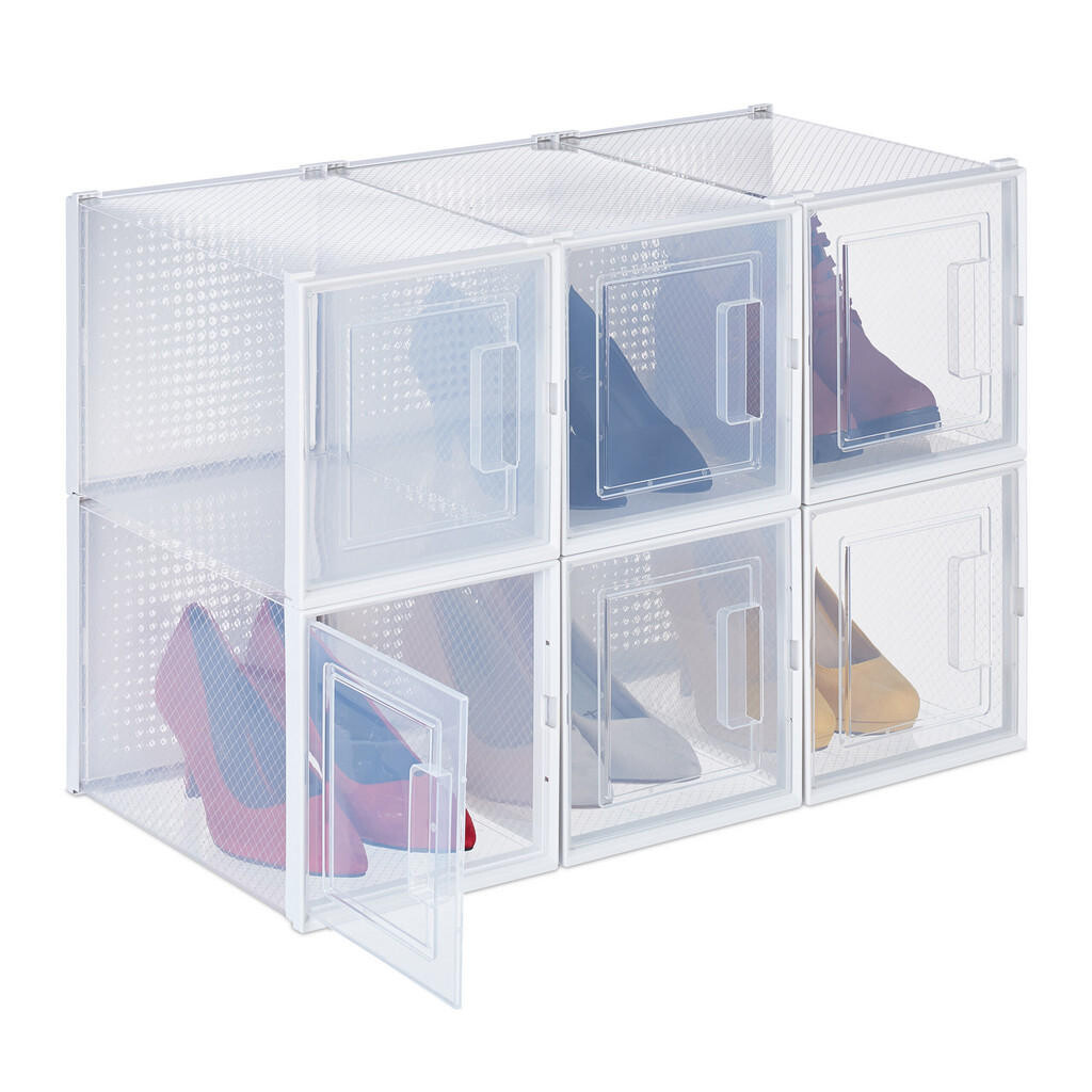 Relaxdays KRABICE Transparentné Biele 6ks-Set stohovateľné