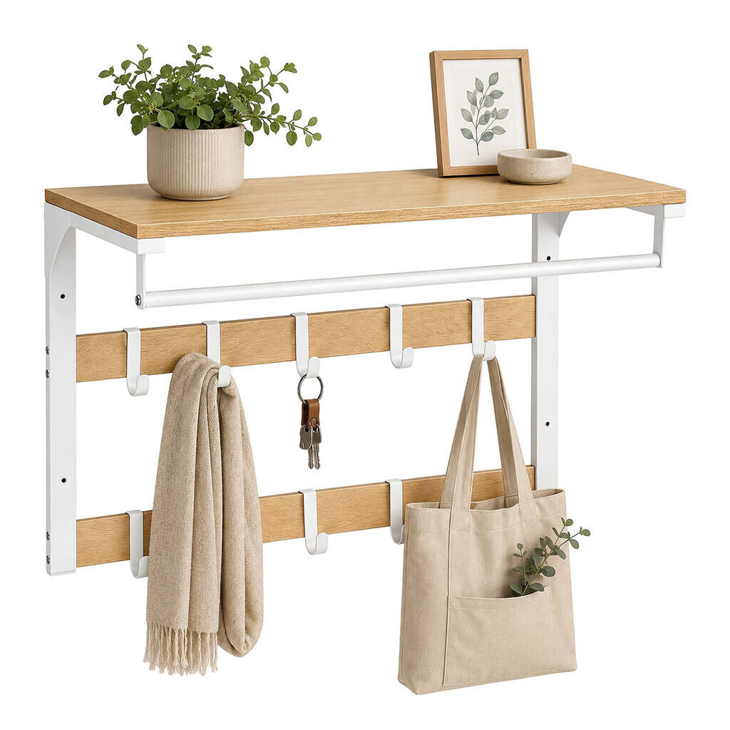 Relaxdays VEŠIAK dub biela 3-v-1 10 háčikov 65 cm