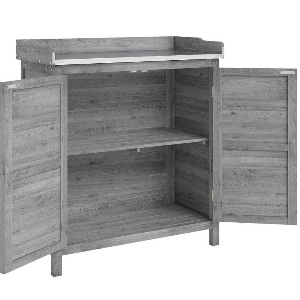 Modfu ZÁHRADNÁ skrinka s pracovnou doskou z masívneho smrekového dreva 83x40x92 cm sivá s 2 vnútornými priehradkami a pozinkovanou doskou