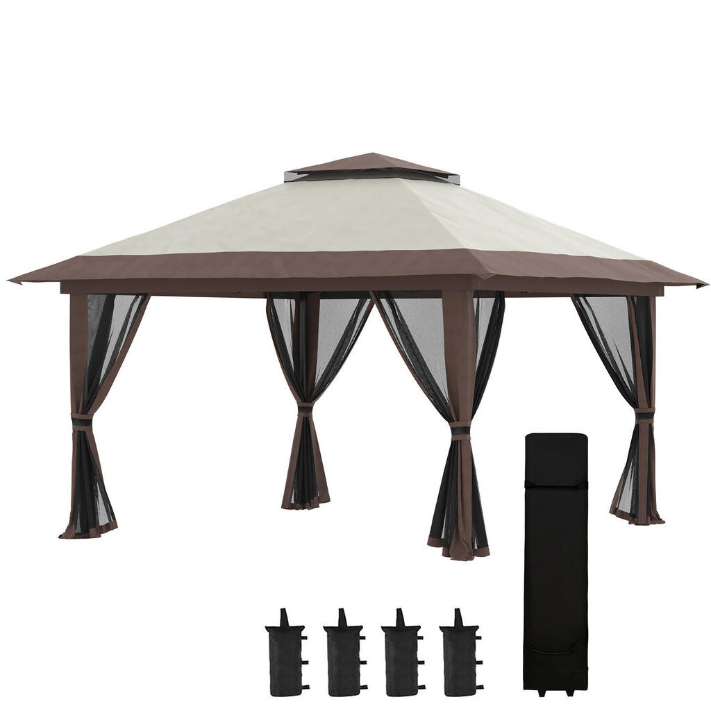Redom PAVILÓN 392/392/283 cm výškovo nastaviteľný s UV ochranou, dvojitou strechou a sieťovými závesmi, Béžová