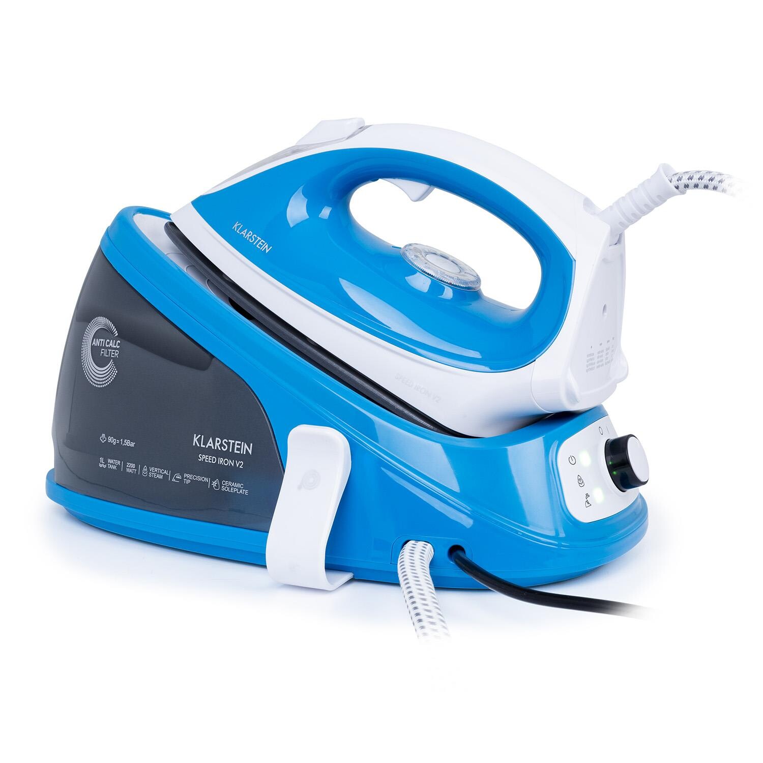 Klarstein Speed Iron V2, naparovacia žehlička, 2100W, 1100ml, EasyGlide, biela / modrá