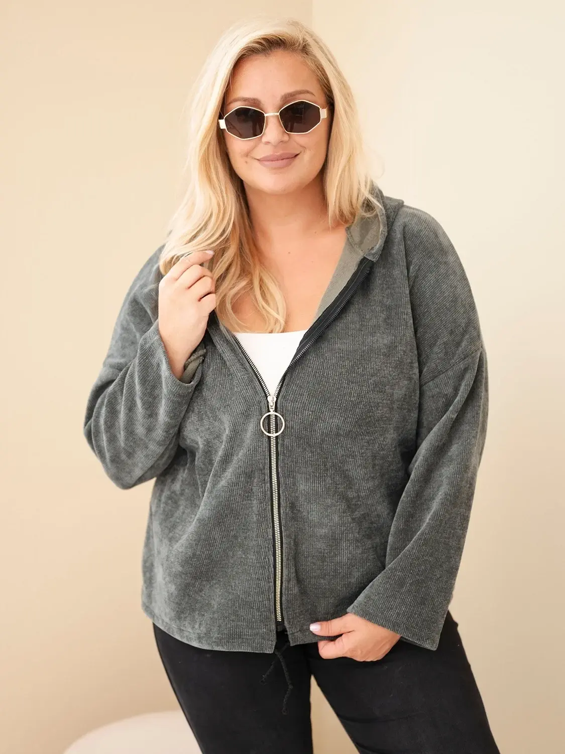 Kesi Plus Size manšestrová mikina na zips khaki