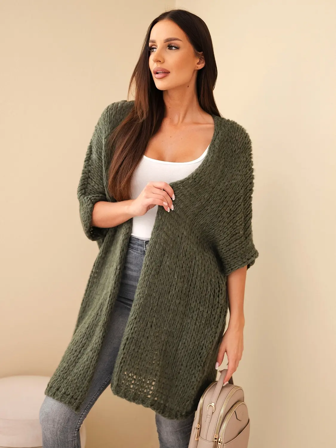 Dámsky oversized pletený kardigan khaki
