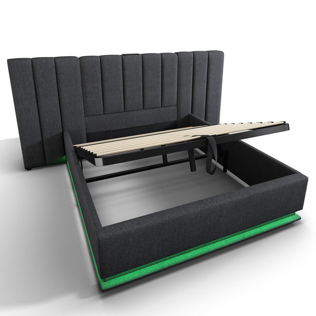 STILVORA ČALÚNENÁ POSTEĽ 160/200 cm Sivá s úložným priestorom, LED a USB Ľan