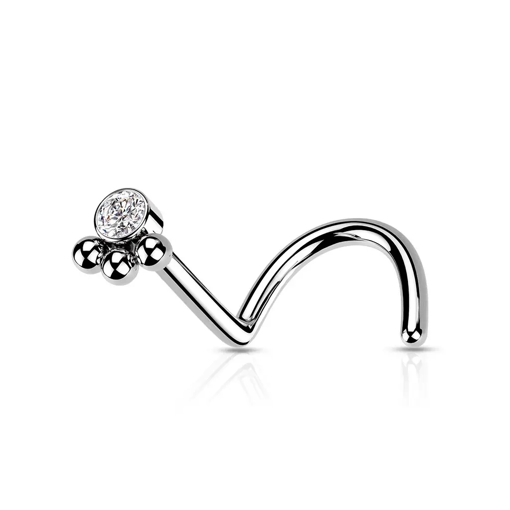 Zahnutý piercing do nosa z ocele 316L - číry zirkón v objímke, drobné guličky, PVD