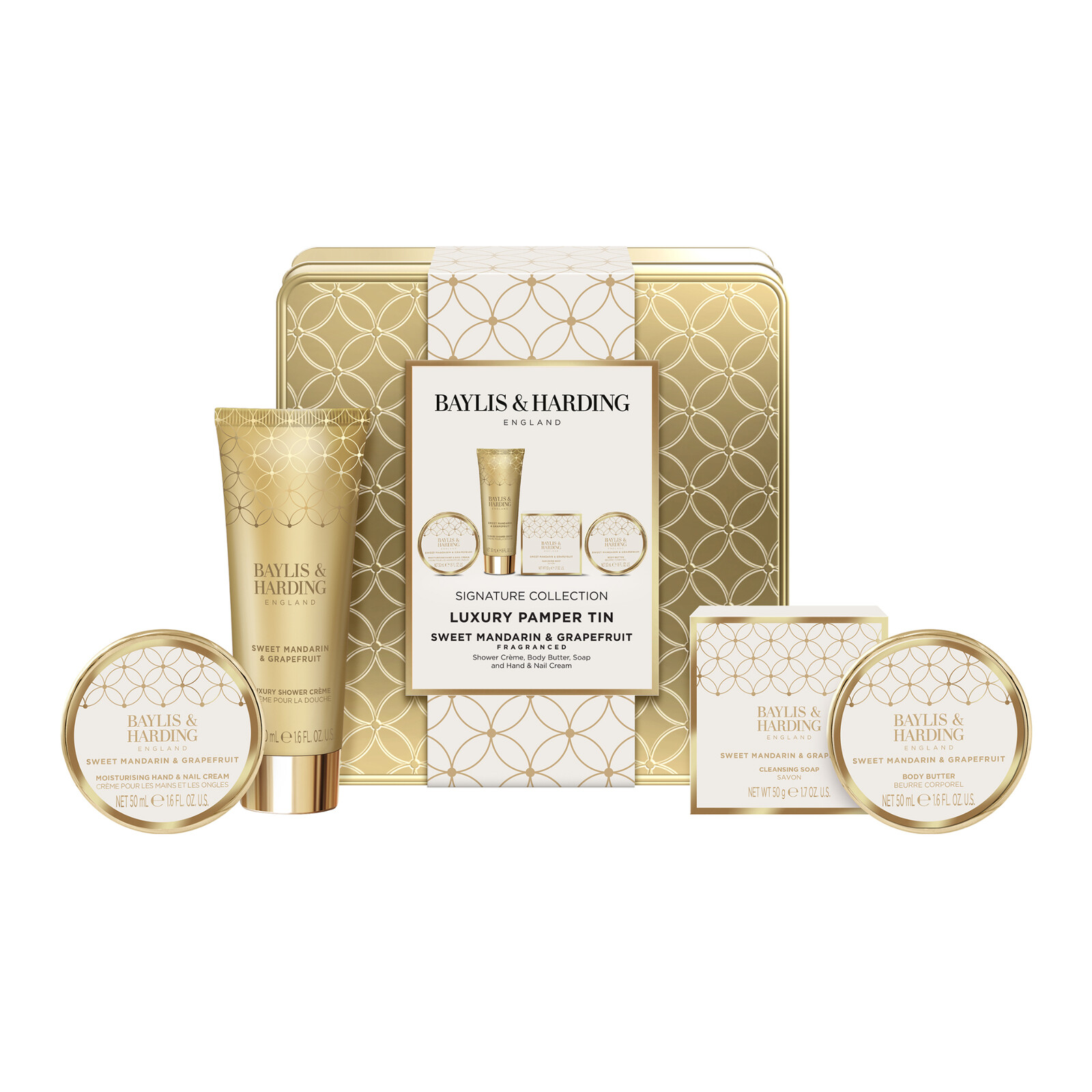 Baylis & Harding Darčeková sada starostlivosti o telo v plechovej dóze Mandarinka & Grapefruit 4 ks