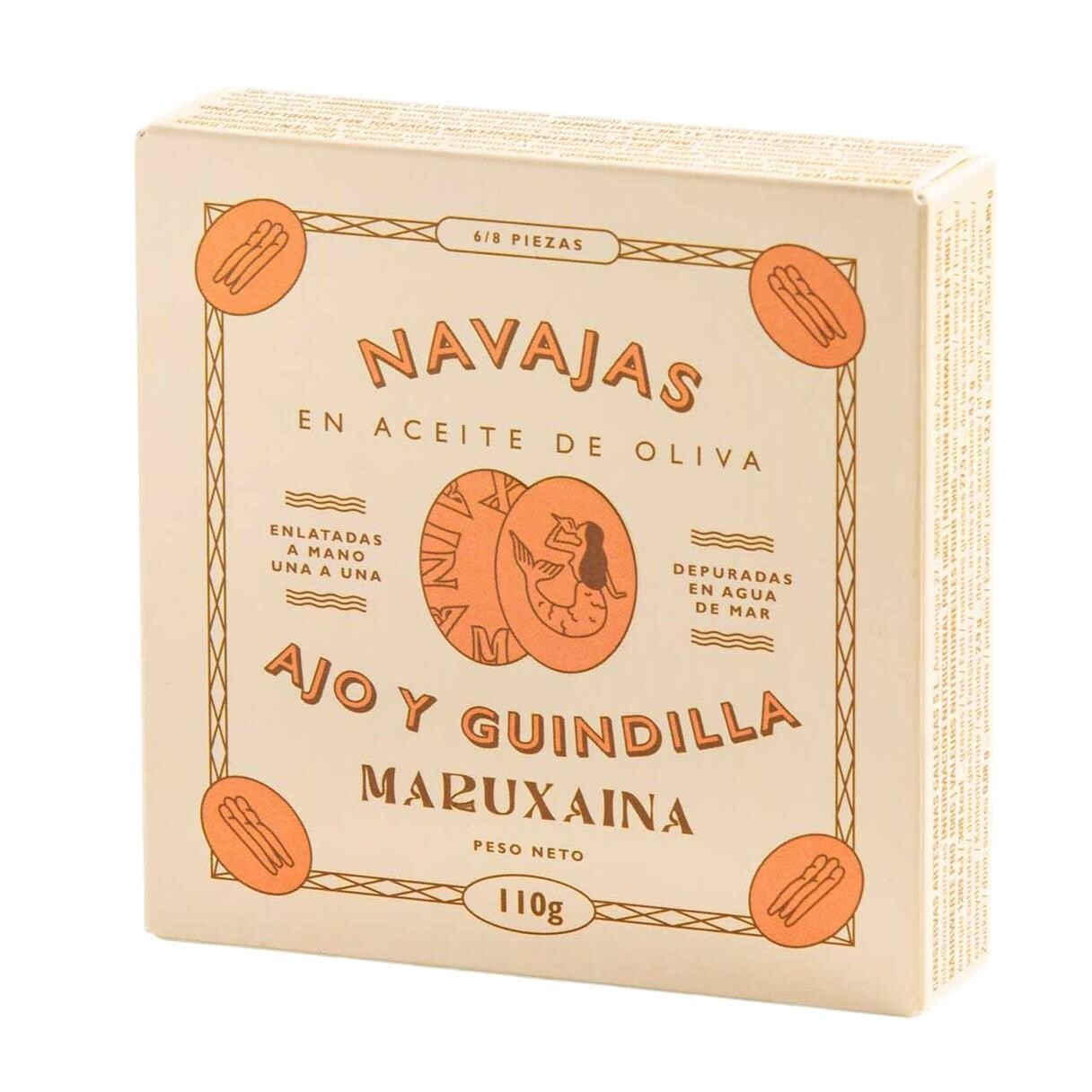 Nožovky 120 ml, 6-8 ks v olivovom oleji s cesnakom a chilli, Maruxaina