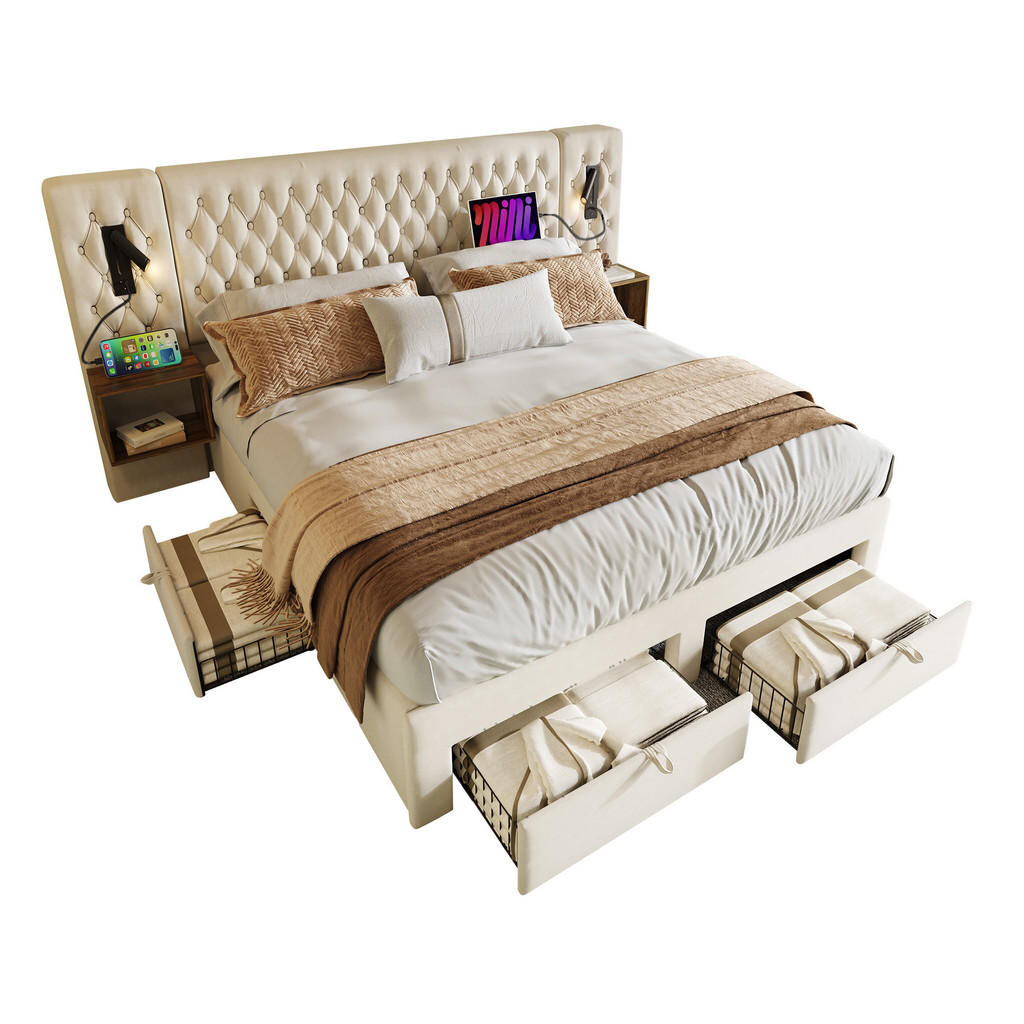 WISHDOR POSTEĽOVÁ ZOSTAVA 160/200 cm, béžová, zamatová, so 4 zásuvkami, USB, Type-C a lampami na čítanie